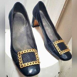 Stuart Weitzman Patent Leather Gold Crested Heeled Pumps Shoe BlueBlack 8.5 🌴